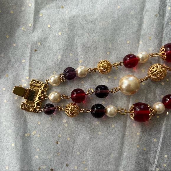 🔖Ben-Amun 24-karat Gold-plated Faux Pearl Ruby Bracelet Designer Red Purple - Picture 4 of 11